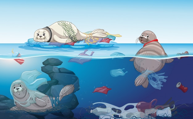 Vector scène met zeehonden en plastic zakken in de oceaan