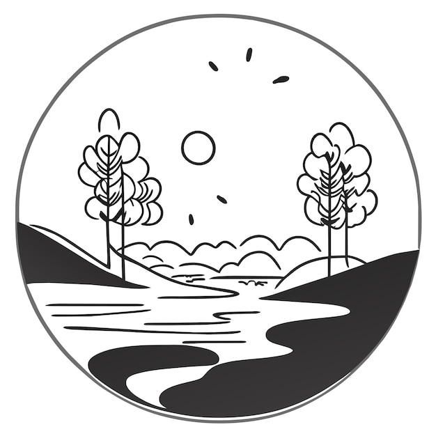 벡터 강과 많은 나무가 있는 숲의 장면 손으로 그린 만화 스티커 아이콘 개념 일러스트레이션