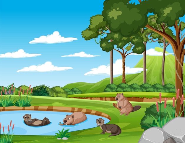 Scene otters and beavers in the forest