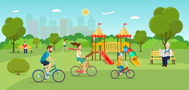 Scene in the park with people vector flat illustration