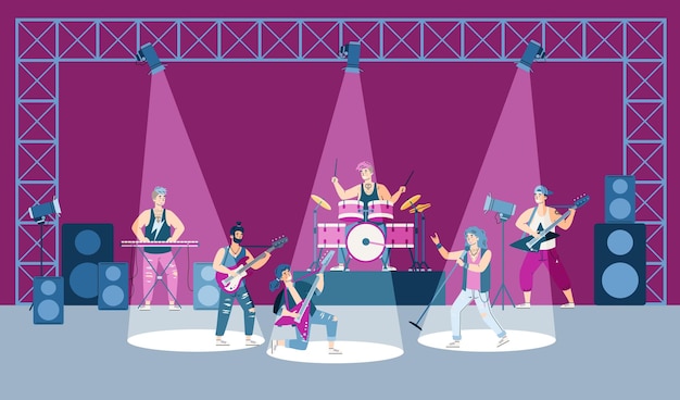 Scene of performance of rock band on stage cartoon flat vector illustration