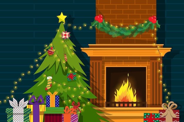 The scene in the room has a christmas tree fireplace and armchair