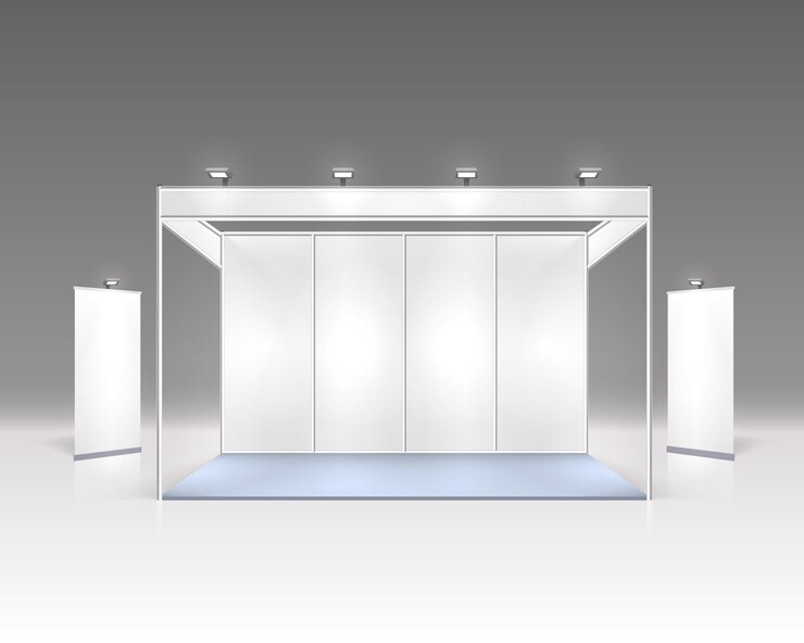 Vector scene show podium for presentations isolated on grey.