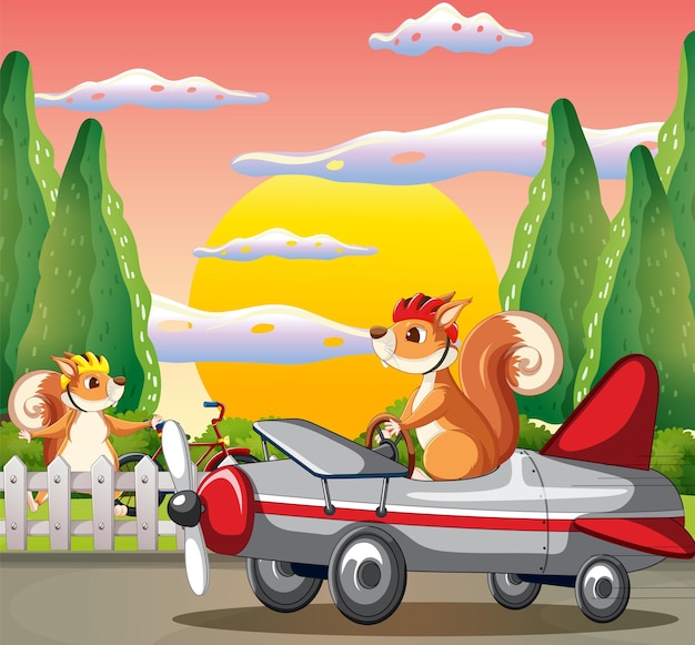 A scene of squirrel fly a plane