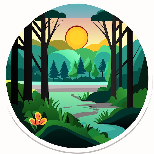 Scène van een bos met een rivier en veel bomen met de hand getekende cartoon sticker icoon concept illustratie