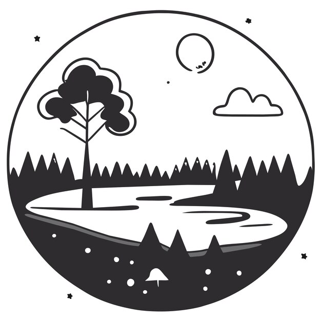 Scène van een bos met een rivier en veel bomen met de hand getekende cartoon sticker icoon concept illustratie