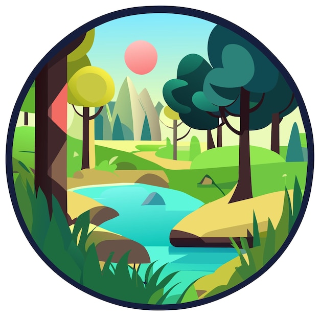 Scène van een bos met een rivier en veel bomen met de hand getekende cartoon sticker icoon concept illustratie