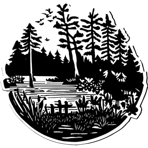 Vector scène van een bos met een rivier en veel bomen met de hand getekende cartoon sticker icoon concept illustratie