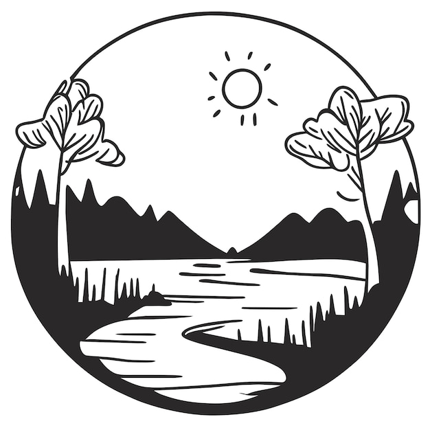 Vector scène van een bos met een rivier en veel bomen met de hand getekende cartoon sticker icoon concept illustratie