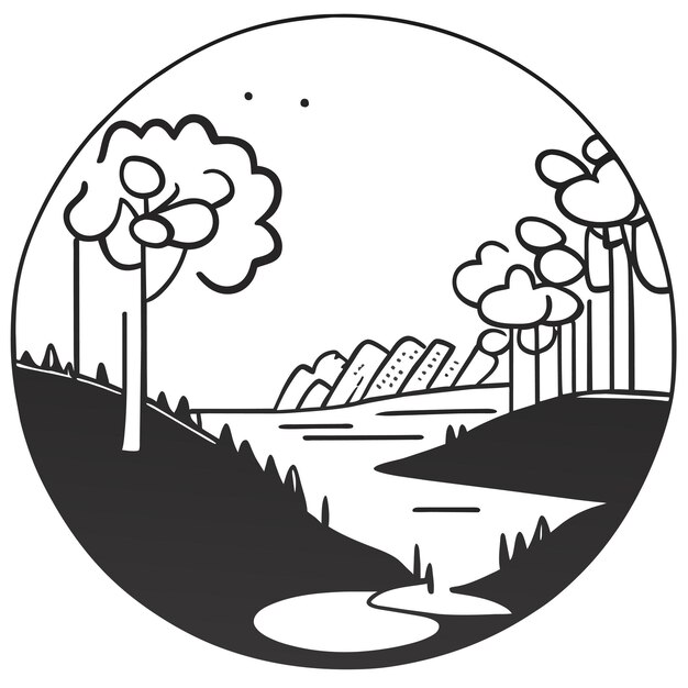 Scène van een bos met een rivier en veel bomen met de hand getekende cartoon sticker icoon concept illustratie