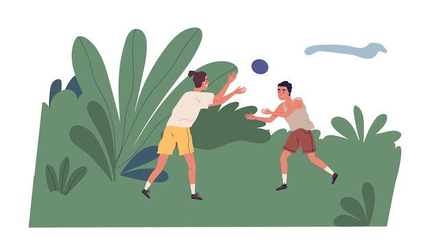 Scène van jonge mannen die in de zomer een bal spelen in de natuur. twee jongens brengen in de zomer samen vrije tijd door in de buitenlucht. kleurrijke platte vectorillustratie geïsoleerd op een witte achtergrond.