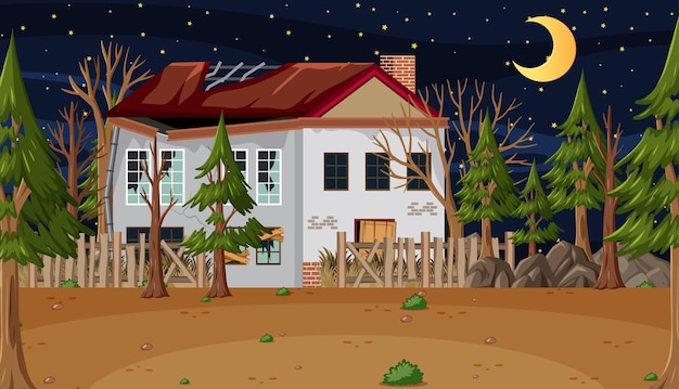 Scene with abandoned house in the dark forest