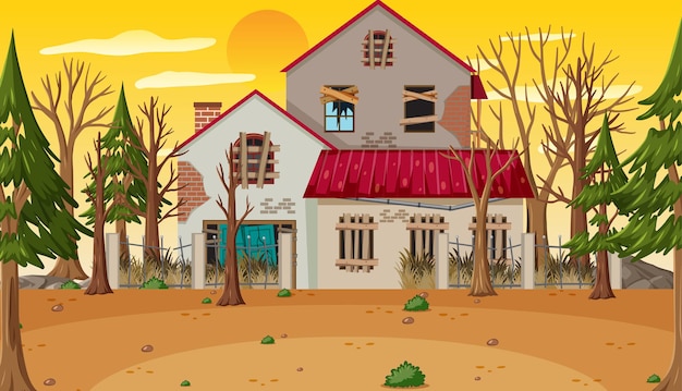 Vector scene with abandoned house at daytime