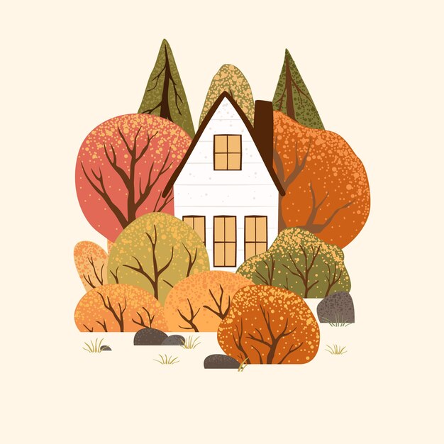 Vector scene with autumn trees and bushes countryside landscape isolated on white background autumn nature stock vector illustration