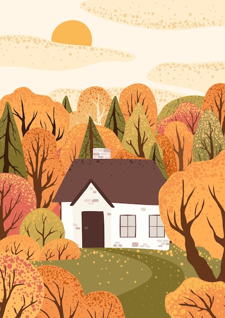 Vector scene with autumn trees and bushes and house countryside landscape isolated on white background autumn nature stock flat vector illustration