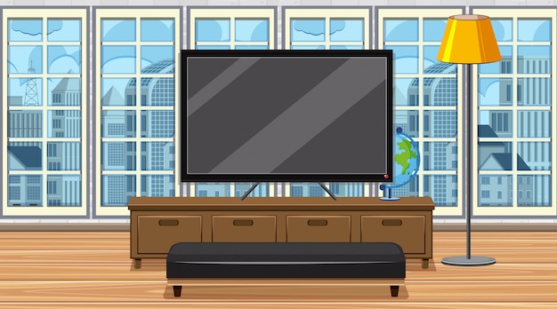 방에 큰 TV와 좌석이있는 장면