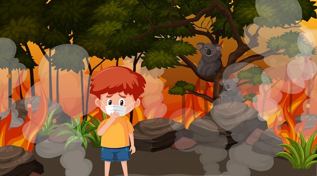 Scene with boy and animals in the big wildfire