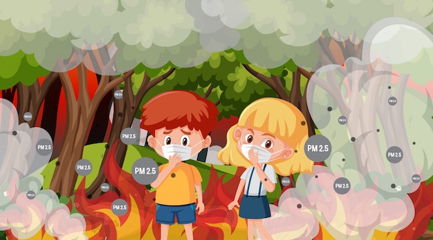 Scene with boy and girl in the big wildfire