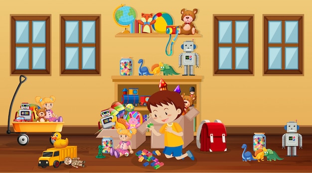 Vector scene with boy playing in the room