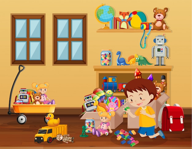 Vector scene with boy playing toys on the floor