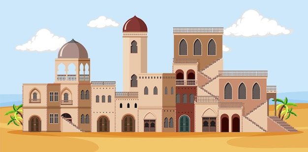 Vector scene with brown buildings in desert