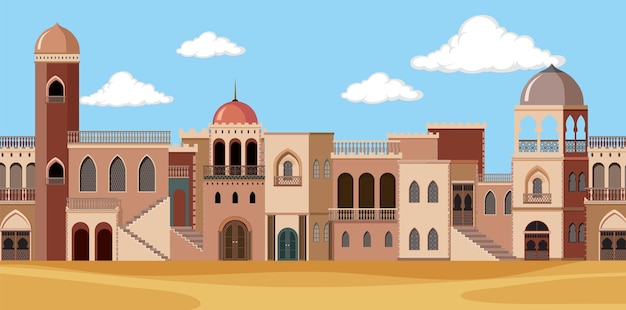 Vector scene with brown buildings in desert