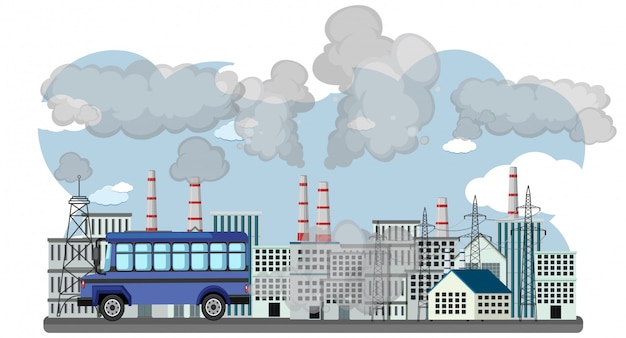 Сцена с машинами и заводскими зданиями, создающими грязный дым в городе
