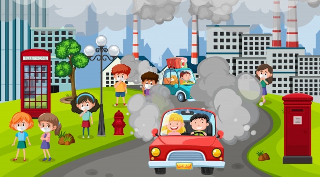 Vector scene with cars and factory buildings making dirty smoke in the city