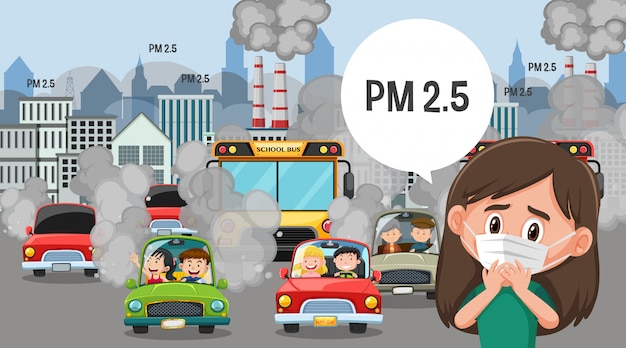 Vector scene with cars and factory buildings making dirty smoke in the city