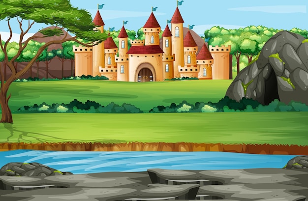 Scene with castle towers in the park