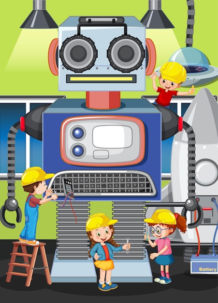 Scena con bambini che costruiscono robot insieme