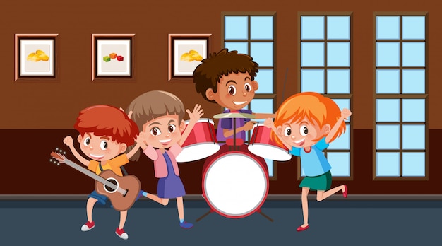 Scena con bambini che suonano musica nella band