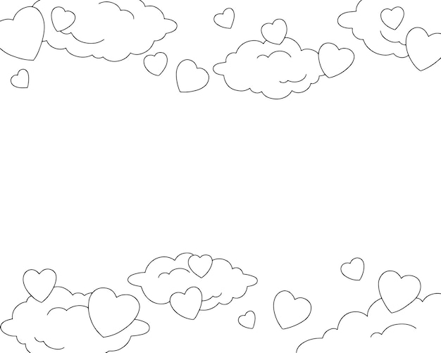雲と心のあるシーン子供のための塗り絵ページバレンタインデー