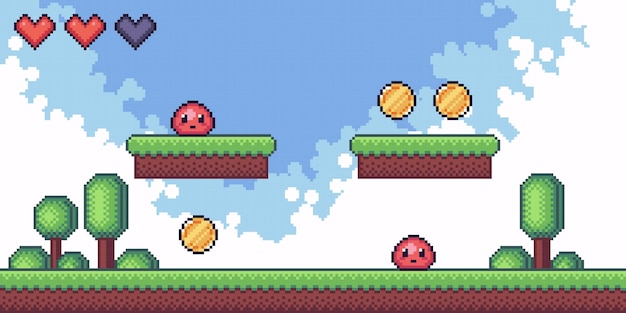 Scene with coins, slime monsters on pixel platform. retro interface and landscape. 8 bit sprite.