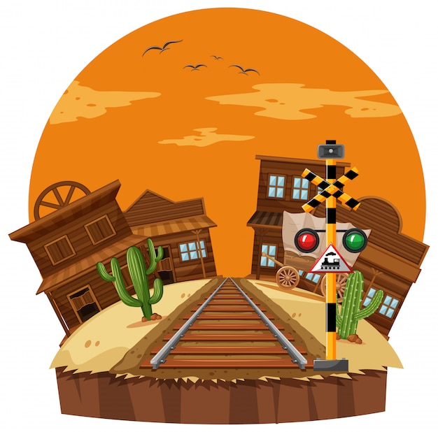 Vector scene with cowboy town and railroad