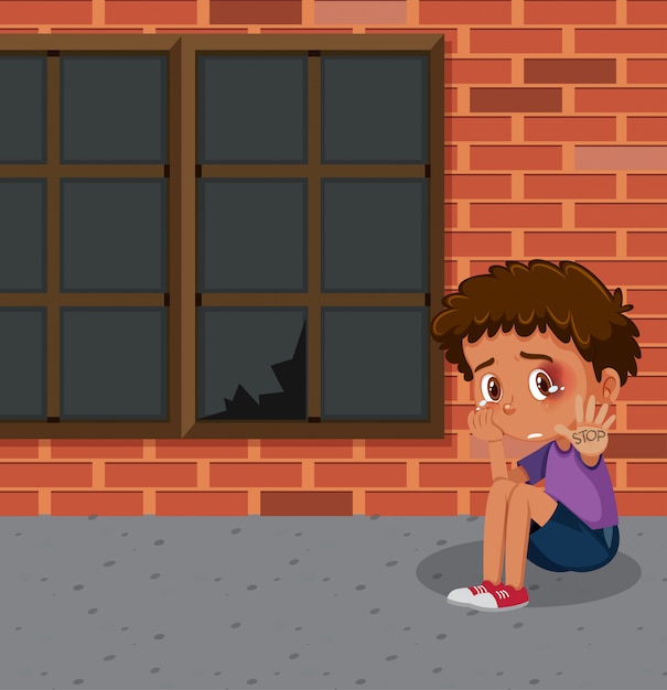 Scene with crying boy sitting alone at the building