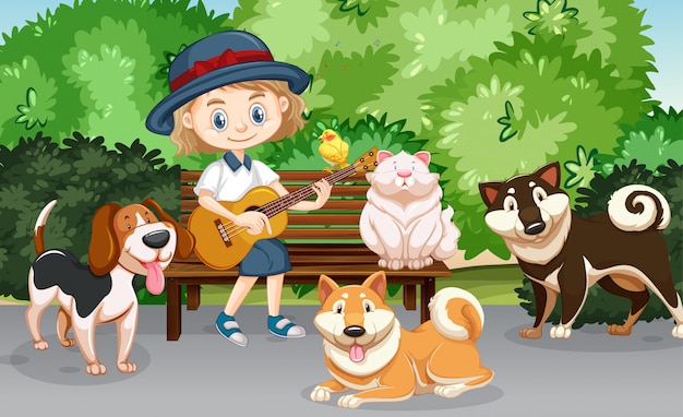 Vector scene with cute girl playing guitar and many pets in the park