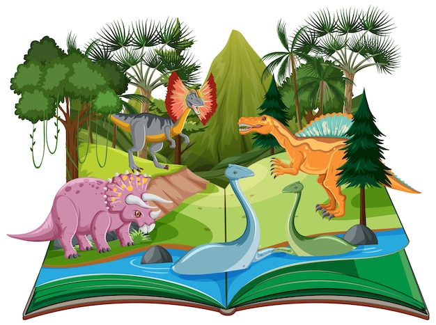 Vettore scena con dinosauri nel libro