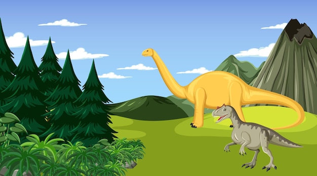 Vector scene with dinosaurs in the field