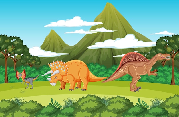 Scene with dinosaurs in the forest