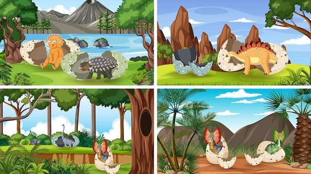 Vector scene with dinosaurs in the forest