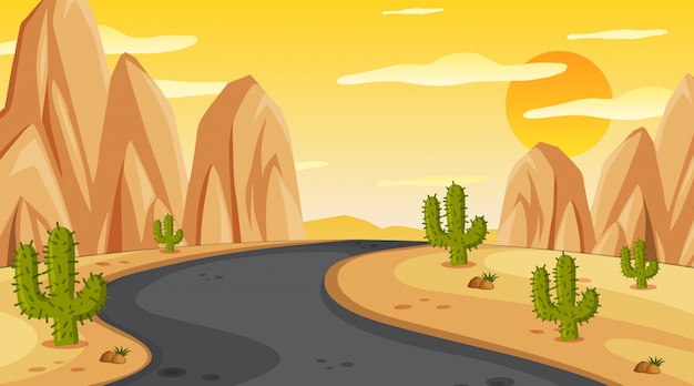 Vector scene with empty road at sunset