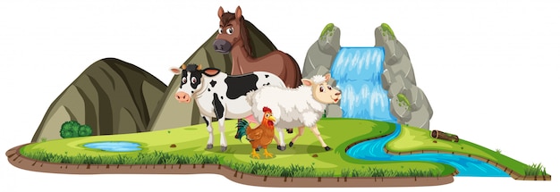 Scene with farm animals standing by the waterfall