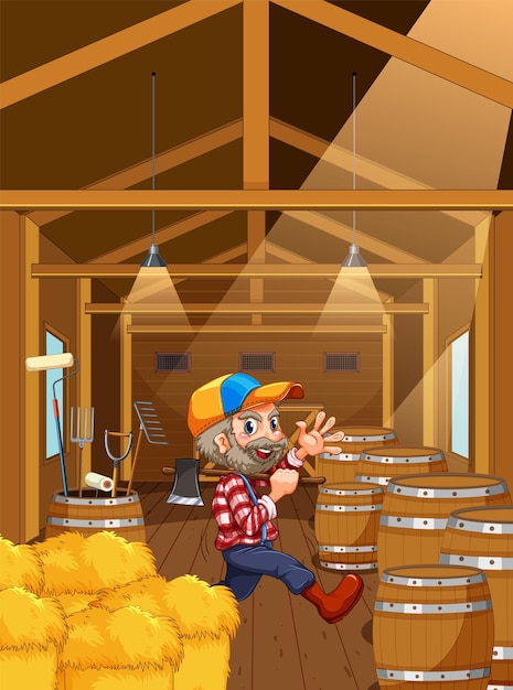 Vector scene with farmer inside the barn