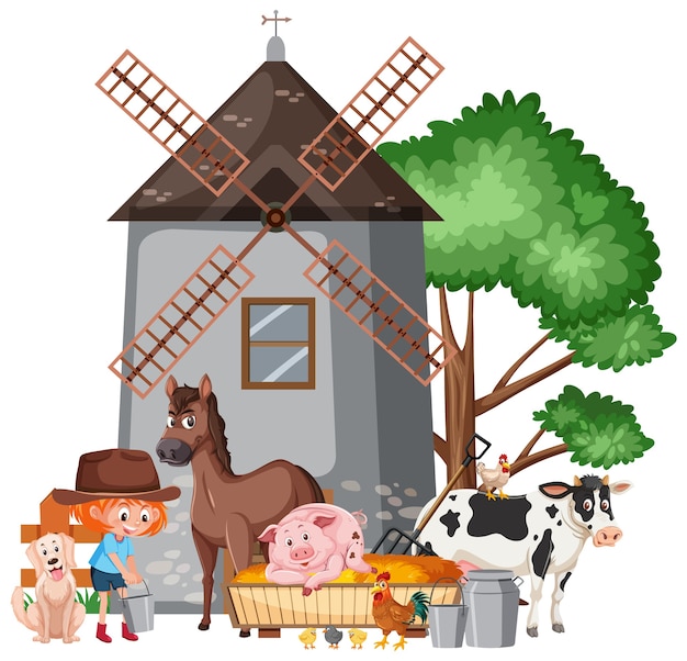 Scene with farmgirl feeding many animals on the farm