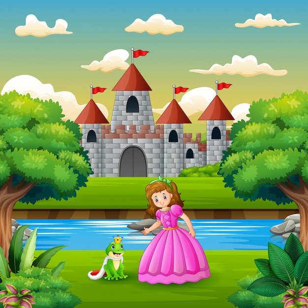 Scene with frog prince and princess on the edge of the river