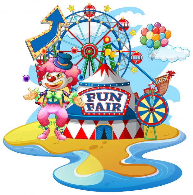 Vector scene with funny clown at fun fair on white background