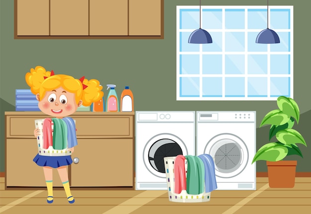 Vector scene with a girl doing laundry