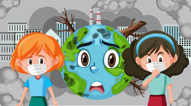 Vector scene with girls wearing mask and earth crying