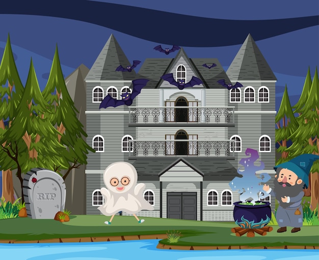 Сцена с хэллоуинским особняком с привидениями ночью